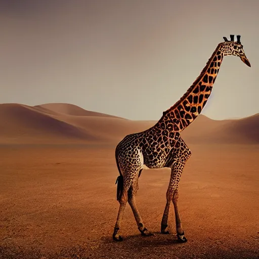 Prompt: burning giraffe in the desert, photorealistic, national geographic photography