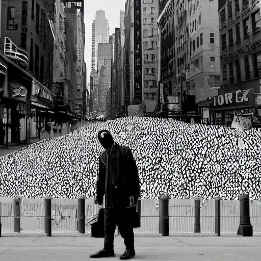 Image similar to NewYork street is raided by a million rabbit, Ultrarealism, real , fake, black and white