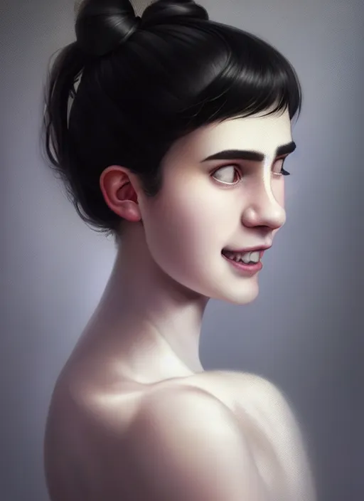 Prompt: portrait of white teenage girl, narrow face, short black hair and eyebrows, bangs, half updo hairstyle, buck toothed smile, unattractive, defined jawline, long chin, wearing hair bow, intricate, elegant, glowing lights, highly detailed, digital painting, artstation, sharp focus, illustration, art by wlop, mars ravelo and greg rutkowski