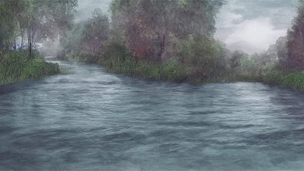 Prompt: digital painting of a river with ( ( books ) ) inside of it,