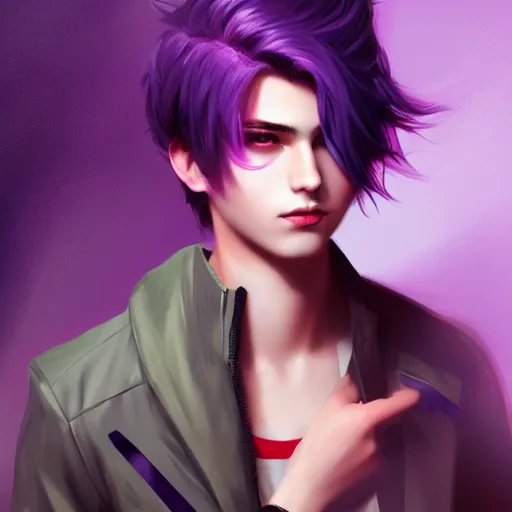 Image similar to colorful and festive captivating teenager boy with straight purple hair, purple eyes with red eye markers, slim body, wearing japanese combat clothes. rich vivid colors, ambient lighting, dynamic lighting, 4 k, atmospheric lighting, painted, intricate, highly detailed by charlie bowater