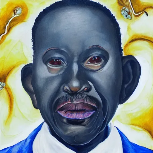 Image similar to a painting of a fatherly wide forehead, round face, XXL , loving, caring, generous, ever-present, humble, wise elder from Kenya in a suit by Wangechi Mutu . Fatherly/daddy, focused, loving, leader, relaxed, ethereal blue heavenly lights, details from behind, smooth, sharp focus, illustration, realistic, cinematic, artstation, award winning, rgb , unreal engine, octane render, cinematic light, macro, depth of field, blur, red light and clouds from the back, highly detailed epic cinematic concept art CG render made in Maya, Blender and Photoshop, octane render, excellent composition, dynamic dramatic cinematic lighting, aesthetic, very inspirational, arthouse.