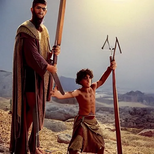 Prompt: handsome 17 year old middle-eastern skinned boy in a Biblical outfit holding a wooden slingshot. Giant Goliath standing with a sword. Epic, cinematic lighting, directed by Ridley Scott