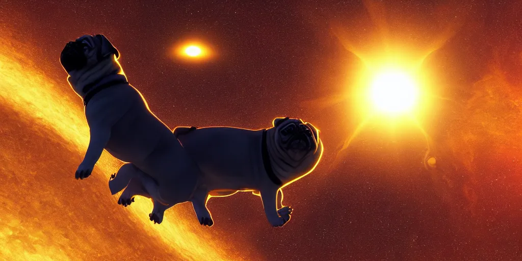 Prompt: pug orbiting the sun, still, photograph, trending on artstation, dynamic lighting, cinematic, highly detailed, sharp focus, space, universe, stars