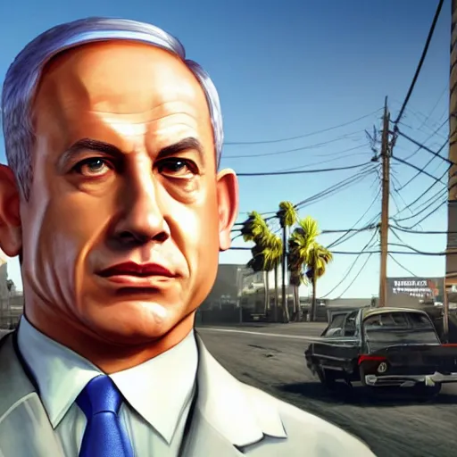 Prompt: benjamin netanyahu in gta v, cover art by stephen bliss, artstation, no text