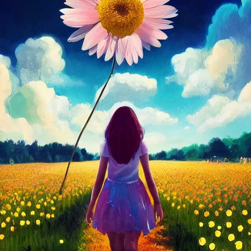 Image similar to giant daisy flower as a head, girl walking in flower field, surreal photography, moon light, dramatic, impressionist painting, colorful clouds, digital painting, artstation, simon stalenhag