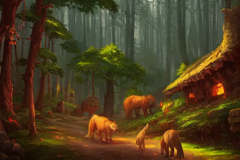 Image similar to a painting of an inn on top of a giant wolf walking through a magical forest, by andreas rocha, trending on artstation