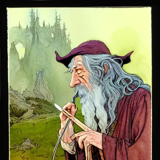 Prompt: a realistic and atmospheric watercolour fantasy character concept art portrait of gandalf smoking weed looking at the camera with an intelligent gaze by rebecca guay, michael kaluta, charles vess and jean moebius giraud