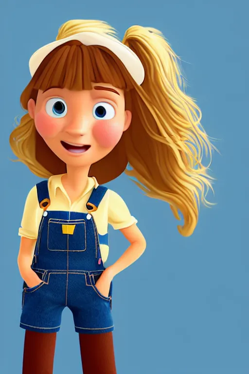 Prompt: character design of a pretty female young farmer with long brown braided hair, wearing blue jean overalls, in the style of pixar, disney