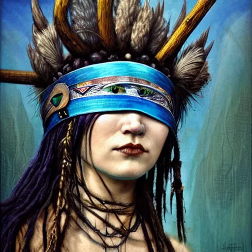 Image similar to A young blindfolded shaman woman with a decorated headband, in the style of heilung, blue hair dreadlocks and wood on her head., made by karol bak