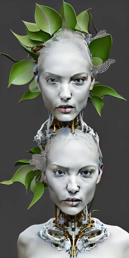 Image similar to complex 3d render ultra detailed of a beautiful porcelain profile woman face, mechanical vegetal cyborg, robotic parts, 150 mm, beautiful studio soft light, 3 point lighting, spot light, rim light, silver gold red details, luxurious, high tech gadget, cyberpunk, magnolia big filigran leaves and stems, roots, Alexander Mcqueen haute couture, fine foliage lace, mesh wire, filigran metallic intricate details, hyperrealistic, mandelbrot fractal, anatomical, silver metal armor, facial muscles, cable electric wires, microchip, elegant, white background, beautiful white teeth, octane render, H.R. Giger style, 8k