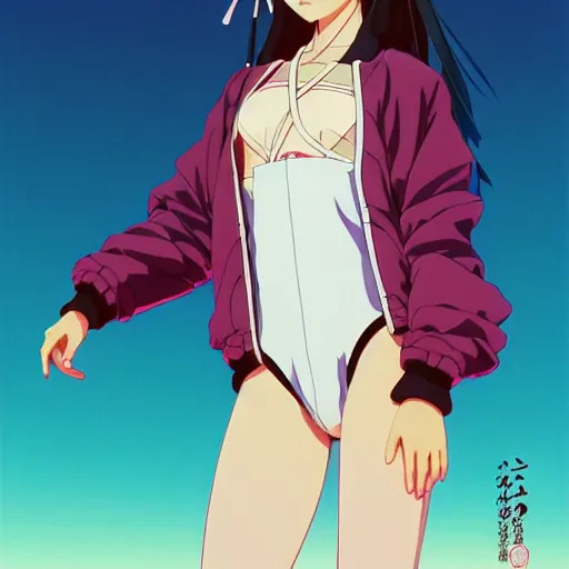 Image similar to a beautiful japanese natalie portman gravure model, wearing oversized native designer bomber jacket and leotard with overalls, bulky poofy bomber jacket with mesoamerican patterns, mesoamerican native street fashion, gapmoe yandere grimdark, trending on pixiv fanbox, painted by greg rutkowski makoto shinkai takashi takeuchi studio ghibli, akihiko yoshida