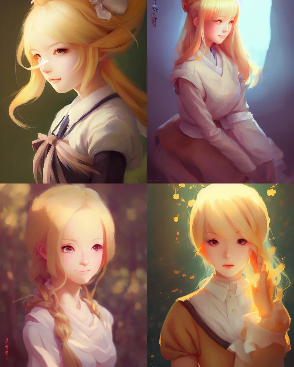 Prompt: girl with blonde hair and maid outfit, a beautiful portrait, japanese animation style, illustration, rim light, top light, perfectly shaded, soft painting, art by krossdraws and wenjun lin