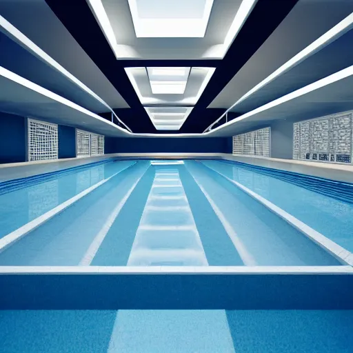 Image similar to a very large empty pool, liminal space, white and blue, horizontally symmetrical, nocturnal, octane render, sharp focus