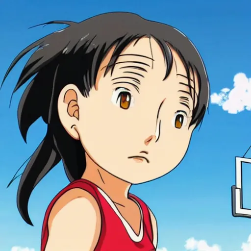 Prompt: ghibli anime headshot portrait of young girl playing basketball on beach, fine details