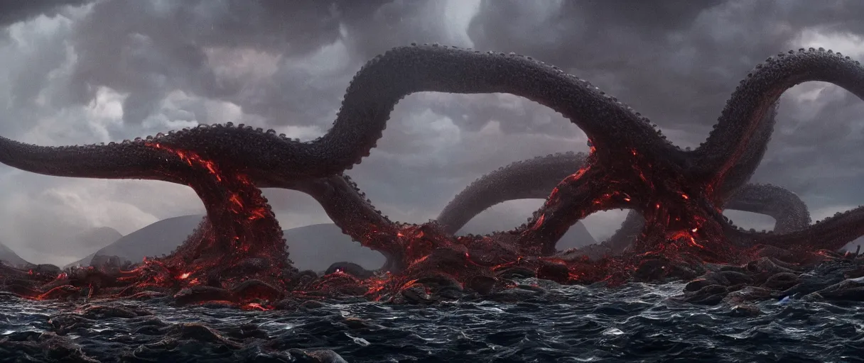 Image similar to a giant octopus god emerging over a rain forest, lightning, ambient sun, a volcano erupts, still from the movie the arrival, 8k