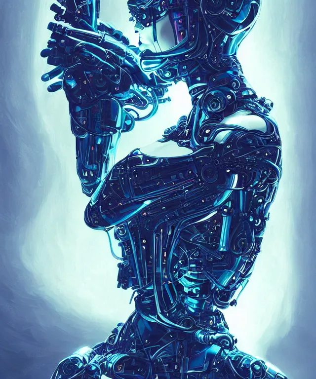 Image similar to a woman turning into an Android portrait wearing a part cybernetic body, surrealism , scifi, intricate mecha armor, elegant, sharp eyebrows, ornate long flowing hair, highly detailed cybernetic body, neon glowing eyes, digital painting, artstation, concept art, smooth, sharp focus, illustration, art by Artgerm and moebius and Peter Mohrbacher