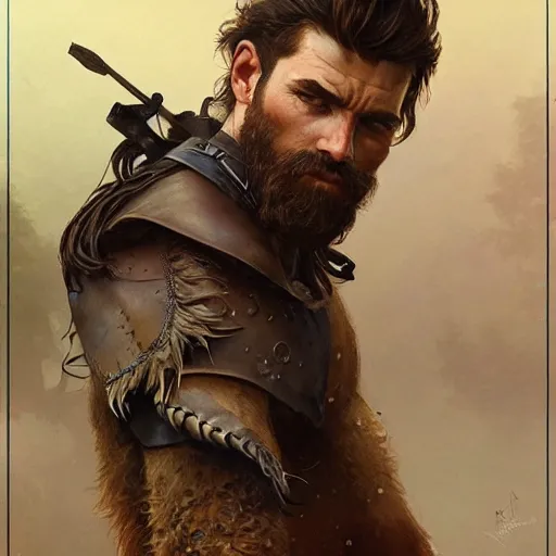 Image similar to portrait of a rugged ranger, muscular, upper body, hairy torso, d & d, fantasy, intricate, elegant, highly detailed, digital painting, artstation, concept art, smooth, sharp focus, illustration, art by artgerm and greg rutkowski and alphonse mucha