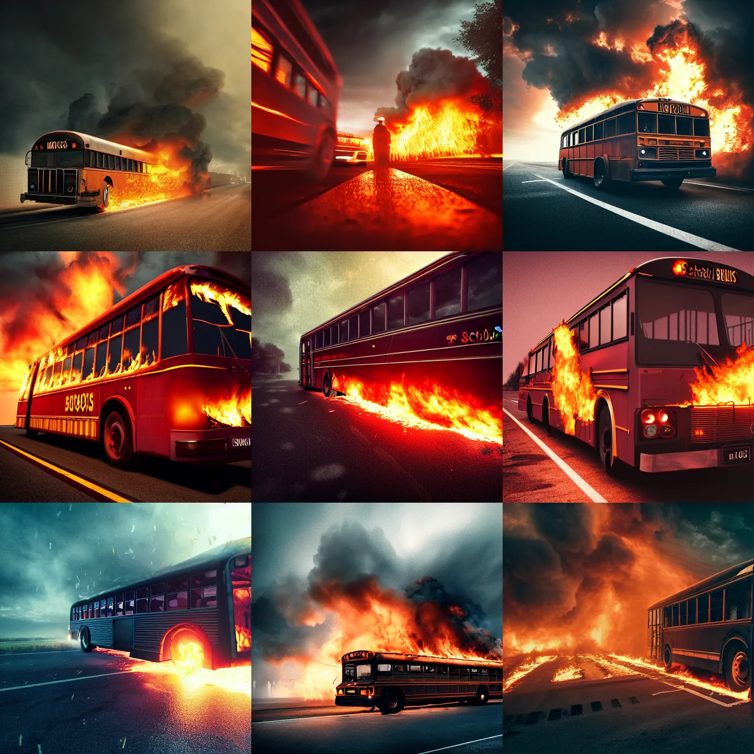 Prompt: School bus on fire, Beautiful dramatic dark moody tones and lighting, Ultra realistic details,cinematic atmosphere,studio lighting,shadows,dark background, Octane render,8K