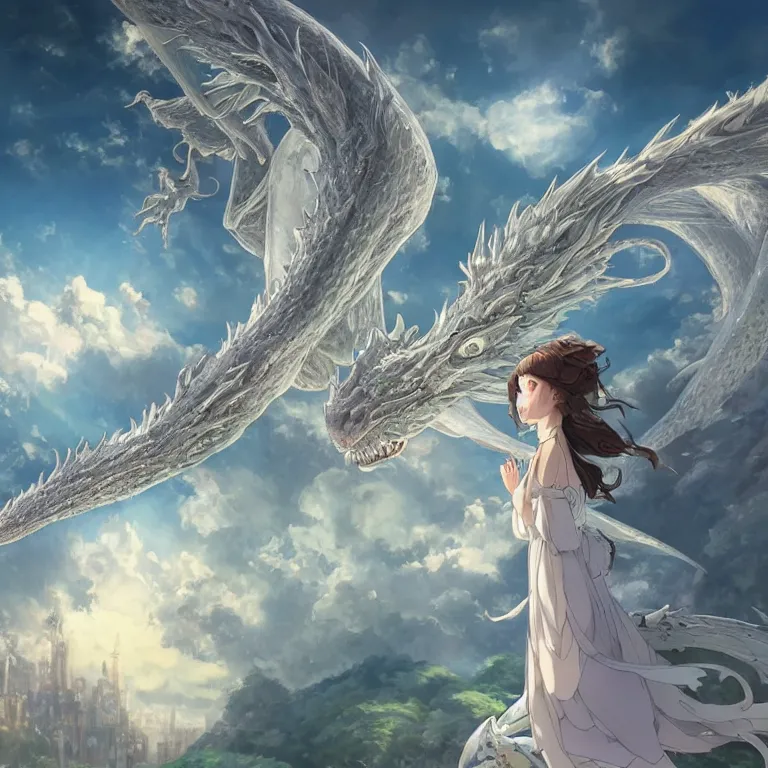 Image similar to the beautiful hyper detailed scene render that a lonely beautiful girl lies in the arms of a huge silver white dragon alone in fairyland surrounded by white clouds, finely detailed angelic face delicate features, style of studio ghibli, makoto shinkai, raphael lacoste, louis comfort tiffany, artgerm, james jean, ross tran, animation style, hd, ultra wide angle