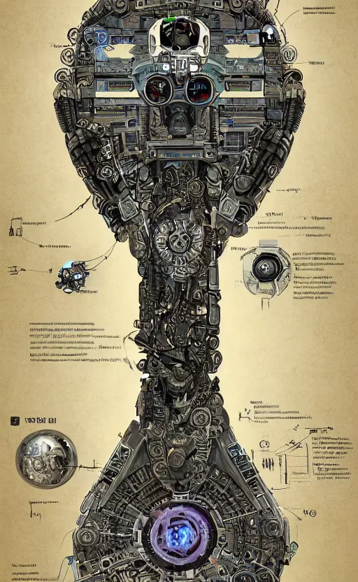 Image similar to anatomy of the terminator, robot, cyborg, t 1 0 0, arc reactor, bloodborne diagrams, mystical, intricate ornamental tower floral flourishes, rule of thirds, technology meets fantasy, map, infographic, concept art, art station, style of wes anderson