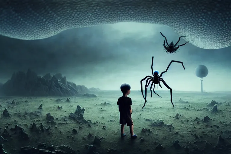 Image similar to realistic detailed photorealistic film portrait shot of a ghost kid playing with giant spider, futuristic sci-fi landscape on background by Denis Villeneuve, Amano, Yves Tanguy, Alphonse Mucha, Ernst Haeckel, Max Ernst, Andrei Tarkovsky, Edward Robert Hughes, Roger Dean, necklace, dynamic pose, rich moody colours, wide angle, blue eyes