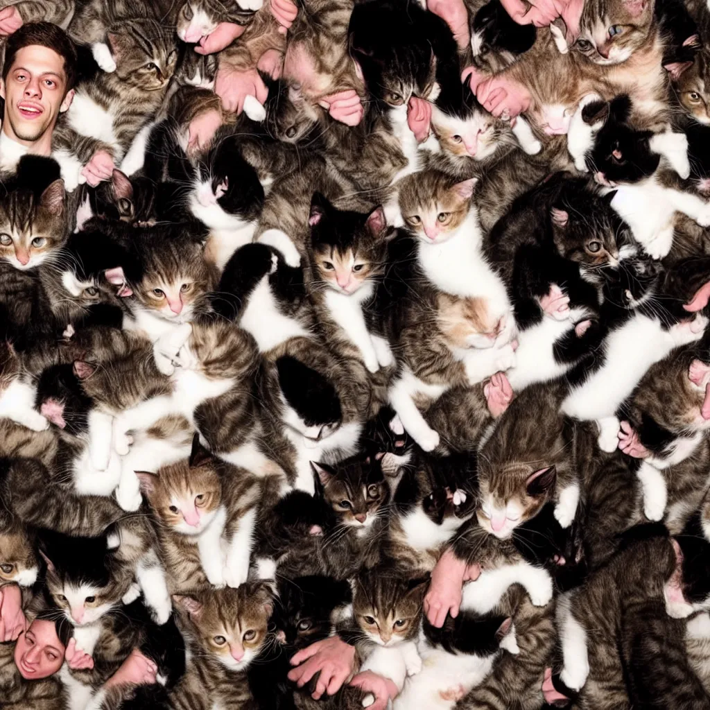 Image similar to pete davidson being tackled by hundreds of cats kittens kitties