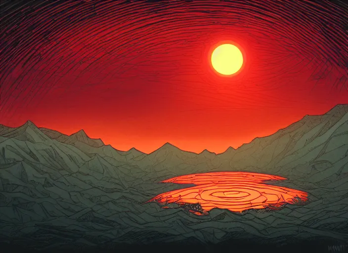 Prompt: an illustration of a red sun in a cloudy sky, an illustration by dan mumford, deviantart, apocalypse landscape, illustration