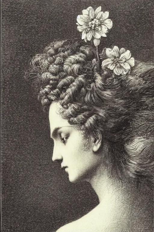 Image similar to extreme close-up, portrait of a beautiful french woman from behind with a single flower in head, Gustave Dore lithography