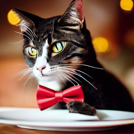 Prompt: A photo of a cat wearing a bowtie sitting in a fancy and expensive gourmet restaurant and eating a plate of cat food. f/2.8, dim lighting, award winning photo