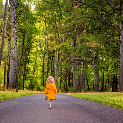 Image similar to a little girl walks away walking in the middle of a road that stretches between trees, the centerline strip is yellow, highly detailed, sharp focus