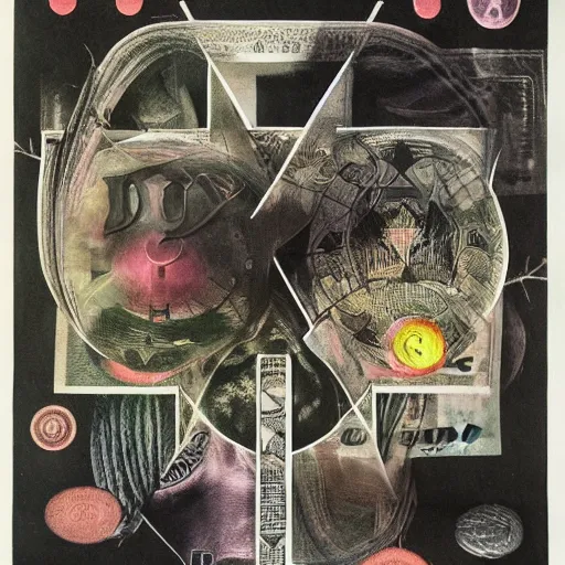 Image similar to post - punk new age album cover, asymmetrical design, dollar bank notes, capitalism, magic, apocalypse, psychedelic, black white pink, magic, giger h. r., giuseppe arcimboldo, peder aalto