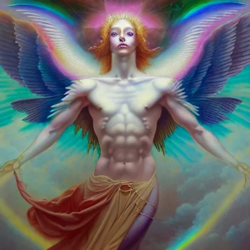 Prompt: psychedelic angelic celestial being artwork of peter mohrbacher, by henry fuseli, ayahuasca, frank xavier leyendecker, energy body, sacred geometry, esoteric art, rainbow colors, divinity detailed, realism, saturated colors,