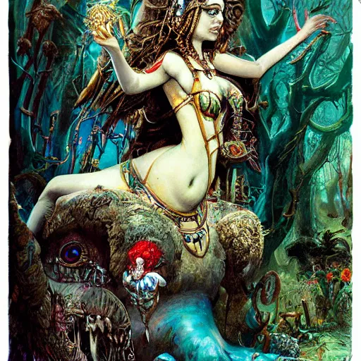 Image similar to cleopatra in alice in wonderland tripping on ayahuasca with scary monsters, intricate detail, painting, royo, frazetta, whealan,