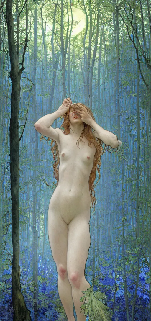 Image similar to painterly dreamy Kupala Night in the blue forest with trees which have eyes, giant flowers, glowing owls, deers, women, lianas, thistles, giant fantasy creatures, a stream and sky with moon and stars by Alphonse Mucha, Alex Grey, Aron Wiesenfeld and Giger dark fantasy, witcher, very detailed oil painting in the alla prima style, masterpiece, 8k