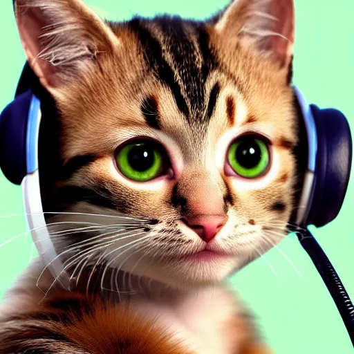 Prompt: a cute kitten streaming on twitch wearing headset, digital art, very detailed 4k by Pixar