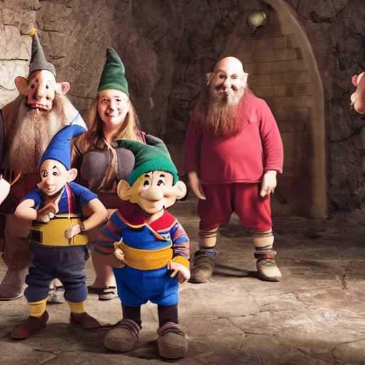 Prompt: photograph of the 7 dwarves exploring a dungeon, captioned