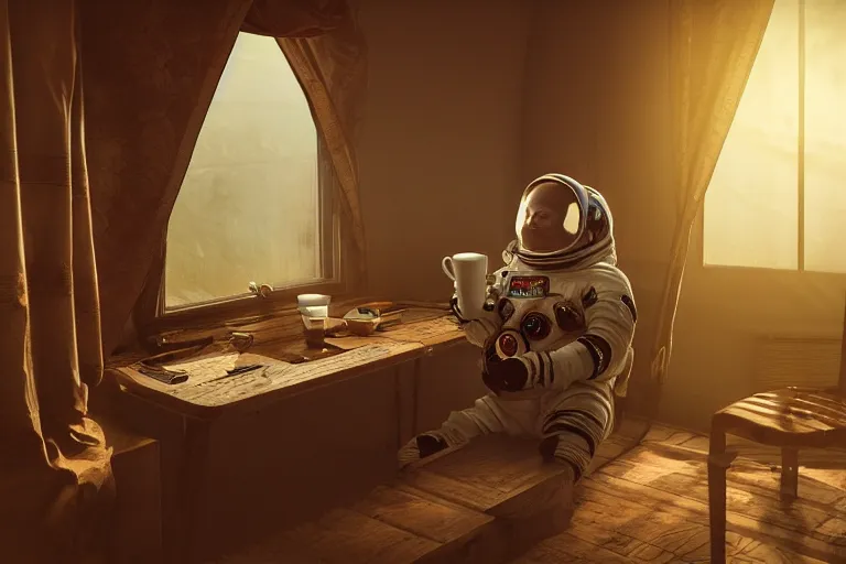 Image similar to a single cosmonaut in a spacesuit drinks a steaming cup of tea at an old wooden desk in a richly decorated Victorian house. the autumn light comes in through a window and dimly illuminates the room, diffuse light, octane render