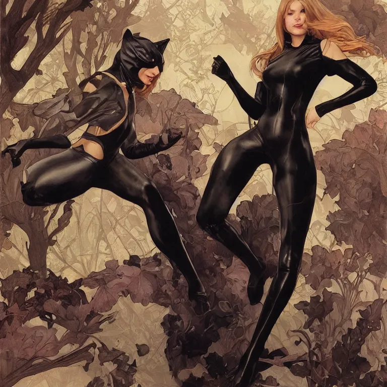 Image similar to Erin Moriarty as Cat Woman, highly detailed, digital painting, artstation, concept art, smooth, sharp focus, illustration, ArtStation, art by artgerm and greg rutkowski and alphonse mucha and J. C. Leyendecker and Edmund Blair Leighton and Katsuhiro Otomo and Geof Darrow and Phil hale and Ashley wood and Ilya repin and Charlie Bowater