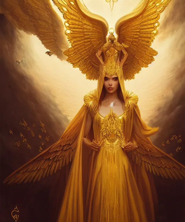 Prompt: a ultradetailed painting of a beautiful! empress, symmetrical features, golden ornate dress, angelic wings, magical realism, by greg rutkowski and karol bak, volumetric lighting, 4 k