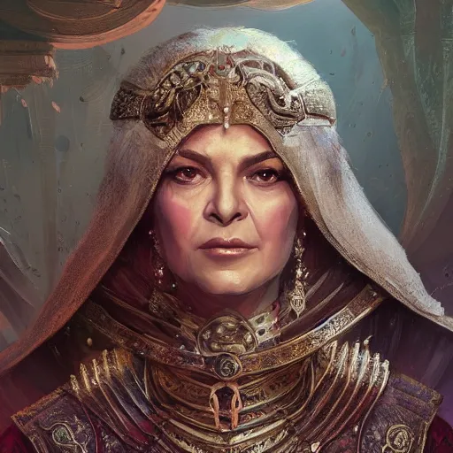 Image similar to old persian empress, shohreh aghdashloo, d & d, fantasy, portrait, highly detailed, digital painting, trending on artstation, concept art, sharp focus, illustration, art by artgerm and greg rutkowski and magali villeneuve