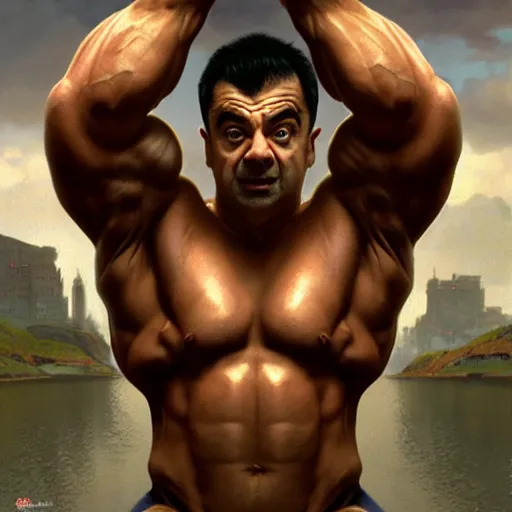 Image similar to upper body portrait of a hulking bulky swole steroids musclebound huge bodybuilder muscular herculean chiseled mr bean rowan atkinson, cinematic lighting, photorealistic, octane render, 8 k, depth of field, 3 d, art by artgerm and greg rutkowski and alphonse mucha and uang guangjian and gil elvgren and sachin ten