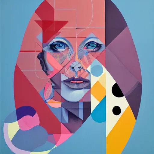 Prompt: graphic painting in detail portrait of woman in block colours with geometric shapes by james jean