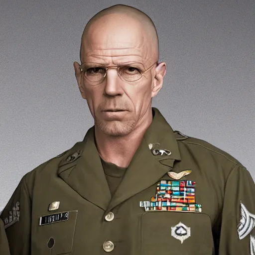 Prompt: water white from breaking bad dressed as an army commander, 1 9 4 5, sharp focus, hyper realistic, sony 3 5 mm lens