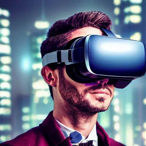 Image similar to portrait handsome fantastic cyberpunk style man wearing virtual reality goggles