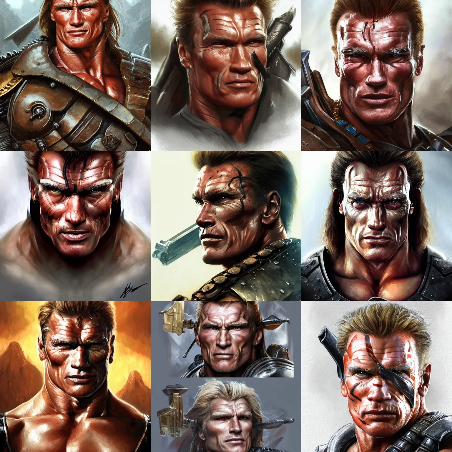 Prompt: warrior, headshot, facial combination of Arnold Schwarzenegger + Dolph Lundgren, D&D, painted character portrait, highly detailed, digital painting, artstation, concept art, sharp focus, illustration, art by artgerm and greg rutkowski and alphonse mucha