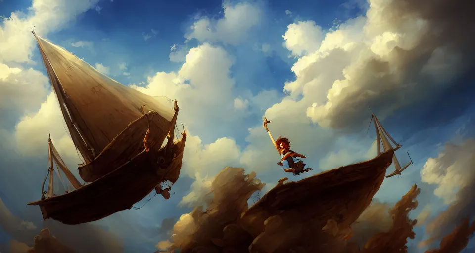 Prompt: a boy being thrown off of a large wooden fantasy sky - ship with horizontal sails flying through the clouds with blue sky, andreas rocha style