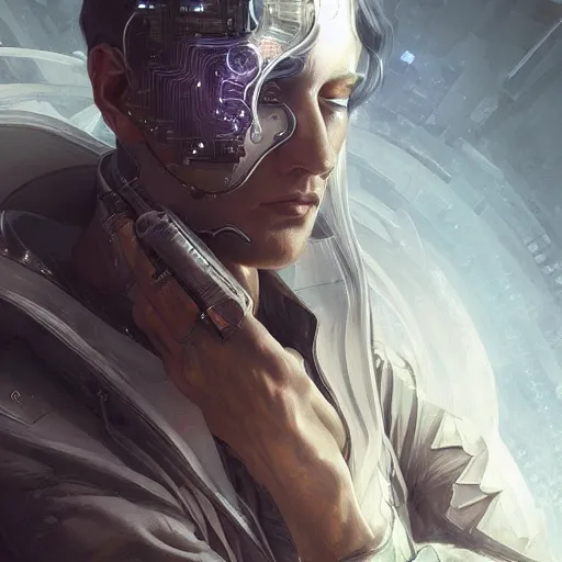 Prompt: beautiful ethereal cyberpunk man, art nouveau, fantasy, intricate binary and electronic designs, elegant, highly detailed, sharp focus, art by artgerm and greg rutkowski and wlop