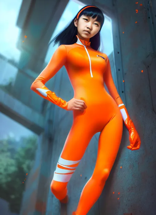 Image similar to teenage asian girl wearing an orange matte superhero costume, anime digital art, au naturel, hyper detailed, digital art, trending in artstation, cinematic lighting, studio quality, smooth render, unreal engine 5 rendered, octane rendered, art style by klimt and nixeu and ian sprigger and wlop and krenz cushart