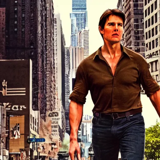 Image similar to a giant tom cruise carries a military jet in his hands while walking through manhatten, 4k, movie poster